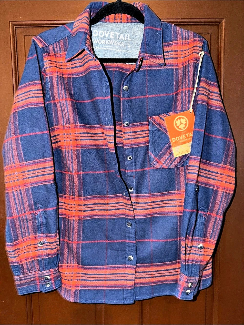 Dovetail Workwear Givens Work Shirt Women’s Large Navy Torch Orange Plaid NWT
